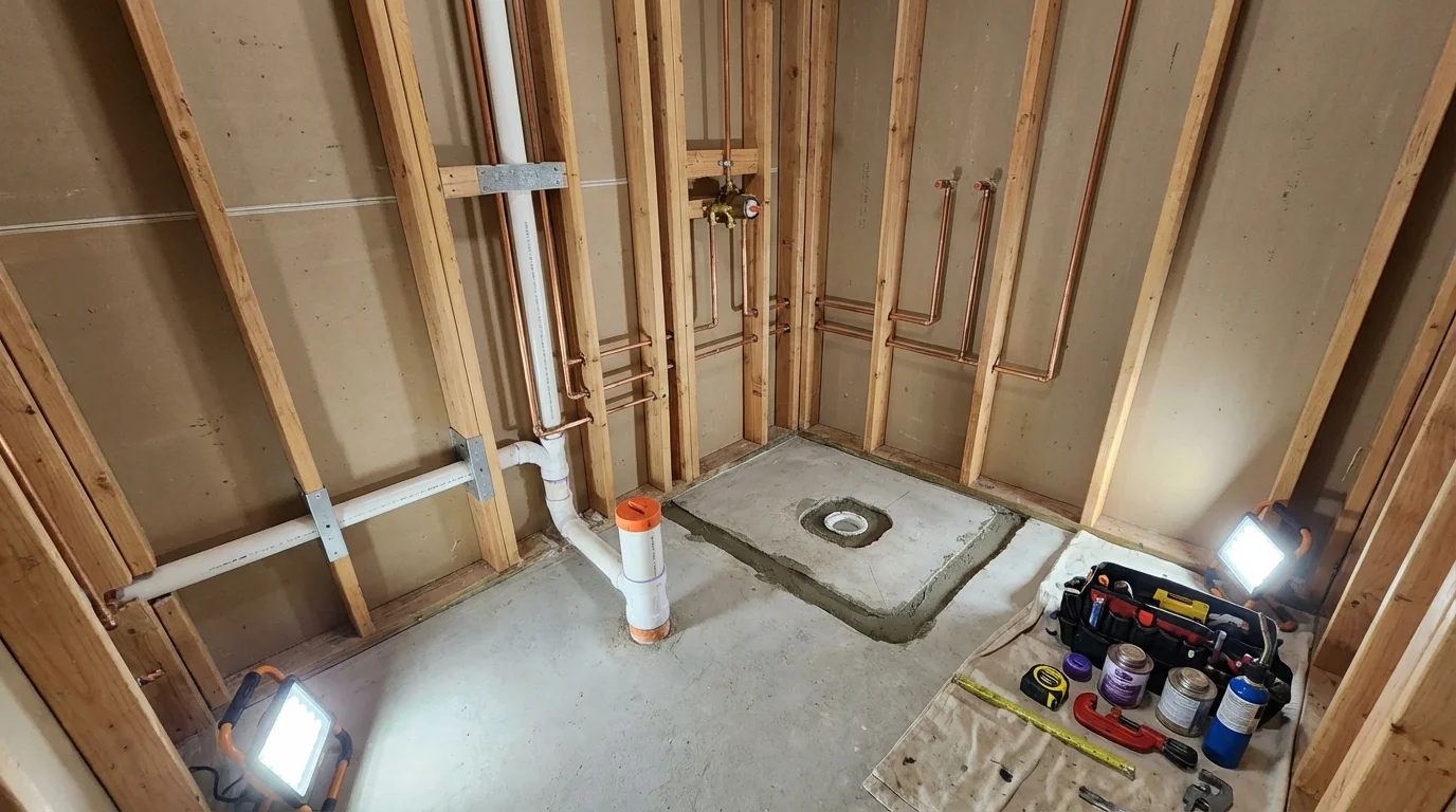 Bathroom rough-in plumbing during remodel by Johns Plumbing LLC in DeKalb