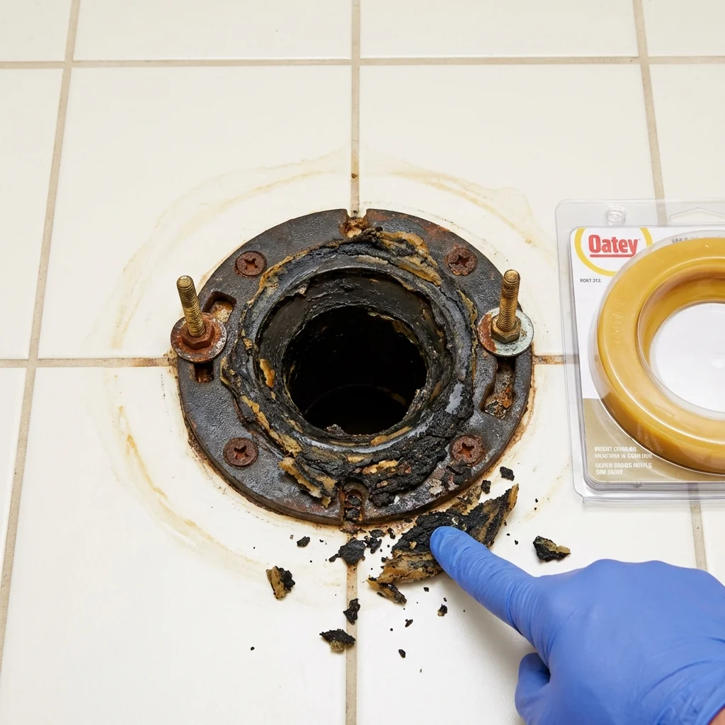 Failed wax ring showing water seepage at the base of a toilet in a DeKalb, IL home